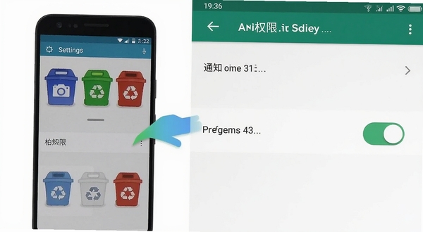 垃圾分类助手在安卓手机上的安装权限设置界面示意,画面展示设置菜单中相机与通知权限开关处于开启状态,界面干净整洁,突出操作引导感