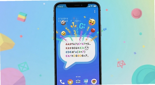 画面主体为一部居中放置的安卓手机,屏幕显示胡言乱语生成器主界面,界面中央有一个发光的对话气泡,气泡内飞出彩色乱码文字与表情符号,背景为浅蓝色渐变并点缀几何图形,整体风格活泼明快,适配Boogu模型生成