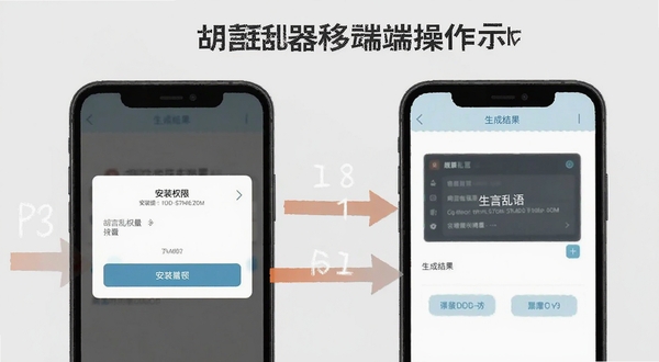 胡言乱语生成器移动端操作示意图,画面展示手机屏幕上的安装权限设置界面与生成结果页并排布局,用箭头标注关键操作步骤,背景为浅灰色,风格简洁清晰