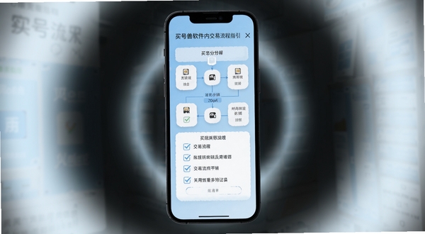 买号兽软件内交易流程指引页面,手机界面显示分步骤流程图与勾选清单,浅蓝色背景配白色卡片,画面主体位于中央,四周有柔和光晕,风格偏向实用工具类应用展示