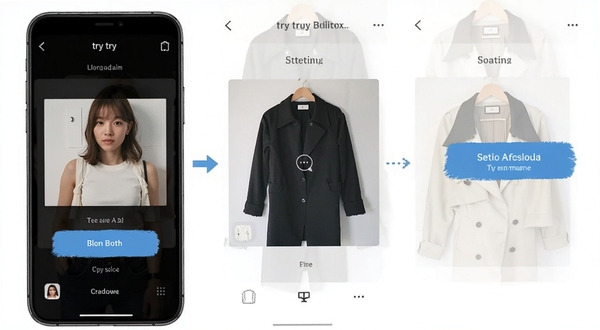 try try应用操作界面截图,展示手机端上传照片与选择服饰的步骤流程,画面包含清晰的按钮与提示文字,整体风格简洁直观