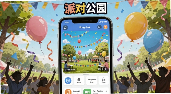 整体画面以明亮的公园派对场景为背景,画面中央放置一部智能手机屏幕显示派对公园软件界面,周围环绕彩色气球、彩带与欢呼的人群剪影,顶部有派对公园文字标识,整体风格活泼明快,适配Boogu模型生成