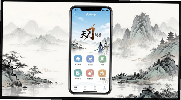 天刀助手官方应用界面全景展示,主体为手机屏幕中的天刀助手APP首页,背景为淡雅的水墨武侠风格山水画卷,画面中央清晰呈现天刀助手LOGO与核心功能入口图标,整体色调清新明亮,适配Boogu模型生成