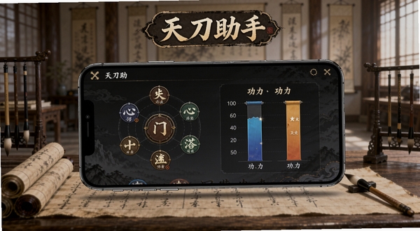 天刀助手门派养成模拟界面,画面中心为手机屏幕展示心法搭配与功力数值对比,背景为古风书院场景,桌案上摆放着卷轴与毛笔,整体氛围宁静雅致,突出天刀助手名称标识