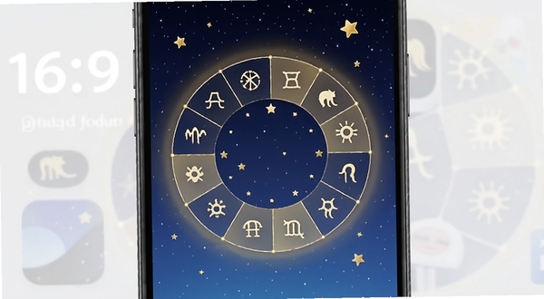 星座运势百科屋软件主界面展示,手机屏幕中央显示十二星座环形图标,背景为深蓝色星空渐变,点缀金色星星与柔和光晕,整体风格简洁现代,适合应用商店宣传图,画面比例为16:9