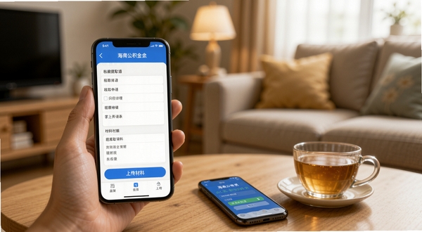 海南公积金app提取业务办理界面,手机屏幕显示租房提取申请表单与材料上传步骤,背景为温馨的居家客厅场景,桌上摆放手机与茶杯,光线柔和,体现掌上办理的便捷感