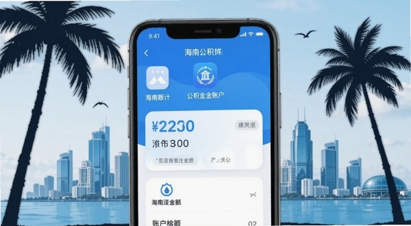 海南公积金app官方首页界面展示,手机屏幕中呈现蓝白色调的公积金账户总览页面,背景为海口城市天际线与椰树剪影,画面明亮清新,突出移动端应用图标与账户余额卡片,整体风格简洁现代,适合软件下载站展示图