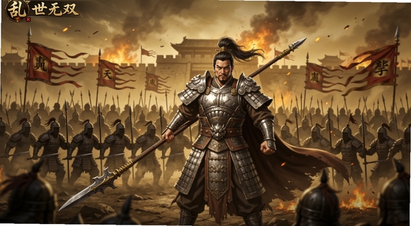 乱世无双游戏主界面中一位身披银甲的三国武将手持长枪立于战场中央,四周是密密麻麻的敌军士兵剪影,画面采用暗金色调与红色战旗点缀,整体构图突出主角与兵海的对比,背景为燃烧的城池轮廓,适配Boogu模型生成写实与国风融合的游戏宣传图