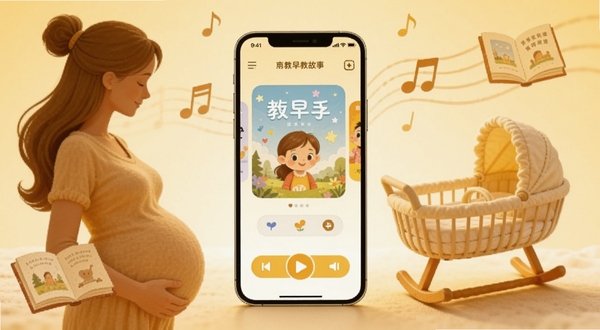 整体画面采用温暖柔和的暖黄色调,中心位置放置一部智能手机,屏幕显示胎教早教故事应用的主界面,界面中有故事封面卡片和播放按钮,手机周围环绕着孕妇侧影、婴儿摇篮、音符符号、绘本图案等元素,背景区域为淡雅的米色渐变,整体风格温馨治愈,适合母婴类应用宣传图,画面细节丰富,光影柔和