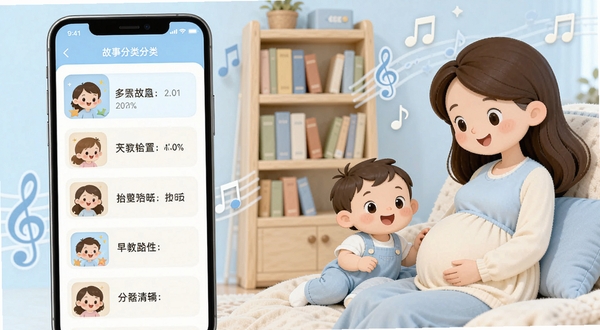 胎教早教故事应用功能展示图,画面左侧为手机界面展示故事分类列表,右侧为卡通风格的孕妇和幼儿一起听故事的场景,背景有书架和音符装饰,整体色调为浅蓝与奶白搭配,风格清新自然,突出软件内容丰富、分类清晰的特点