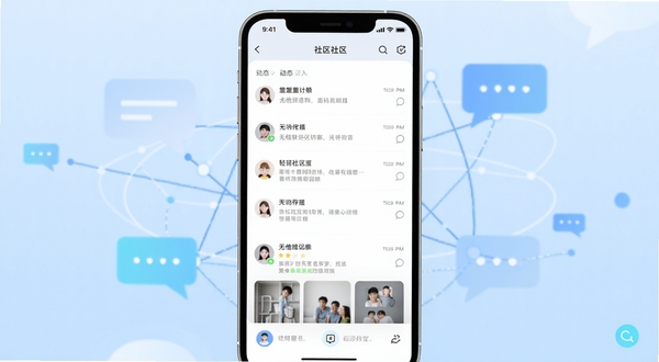 无他社区版软件主界面全貌展示,画面中央为手机屏幕特写,屏幕内呈现简洁的聊天列表与社区动态入口,背景为柔和的浅蓝色渐变,周围点缀抽象的对话气泡与连接线条,整体风格清爽现代,突出轻量社交主题