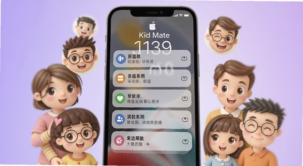 Kid Mate消息通知界面展示,手机锁屏上弹出多条分类通知卡片,画面中有家庭成员的卡通头像围绕手机排列,背景为柔和的紫色渐变,表现多人协同守护的概念
