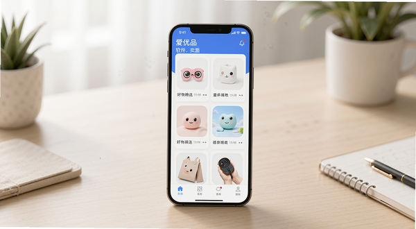 爱优品软件主界面全貌展示,画面中央为手机屏幕显示好物精选列表,背景为简洁的浅色桌面环境,柔和光线,写实风格,突出应用图标与界面布局
