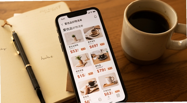 爱优品好物清单页面特写,手机屏幕展示分类清单卡片与价格标签,旁边摆放笔记本和咖啡杯,生活化场景,暖色调,突出清单整理功能