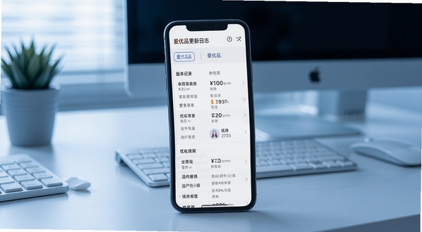 爱优品更新日志页面示意,手机屏幕展示版本记录列表与优化条目,背景为简洁办公桌面,冷色调,突出迭代记录细节