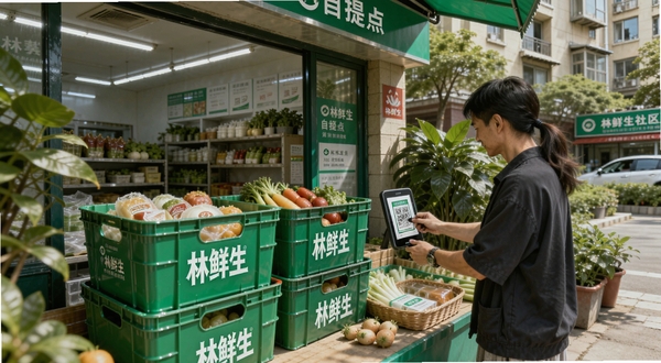 林鲜生社区自提点场景,画面展示社区便利店门口的生鲜自提货架,货架上摆放着标注林鲜生字样的周转箱,一位顾客正在扫码取货,背景为绿植与居民楼,生活气息浓厚,光线明亮