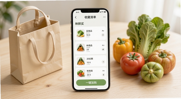 林鲜生收藏清单功能界面,画面为手机屏幕展示常买商品列表与一键加购按钮,旁边配有购物袋与新鲜蔬果道具,背景为浅色桌面,整体色调柔和统一,突出功能便捷感