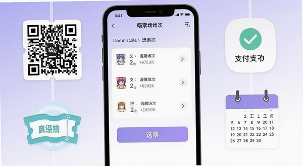 喵特软件购票流程界面展示,手机屏幕中央显示漫展场次列表与选票按钮,周围环绕电子票二维码、支付成功图标和日历标记,背景为淡紫色与白色渐变,扁平化设计风格,画面干净整洁