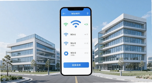 园区WiFi软件界面展示,手机屏幕中央显示WiFi信号列表与连接按钮,背景为现代产业园区办公楼群,整体风格简洁明亮,蓝白色调,扁平化设计,突出网络连接主题