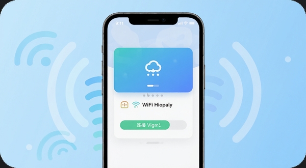 园区WiFi一键连接功能示意,手机界面显示热点卡片与连接进度条,周围环绕抽象的WiFi信号波纹,背景为浅蓝色渐变,突出快速连接与稳定传输的视觉感受