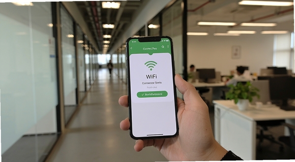 园区WiFi移动端操作场景,一只手握持手机显示WiFi连接成功页面,背景为园区走廊与办公区域,光线柔和,画面写实风格,突出便捷联网体验