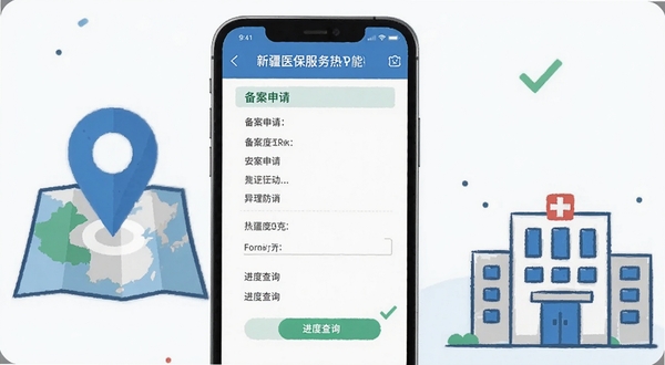 新疆医保服务APP异地就医备案功能界面特写,手机屏幕显示备案申请表单与进度查询页面,旁边配有地图定位图标和医院建筑简笔画,画面风格为扁平化信息图,配色以蓝白为主点缀绿色对勾符号