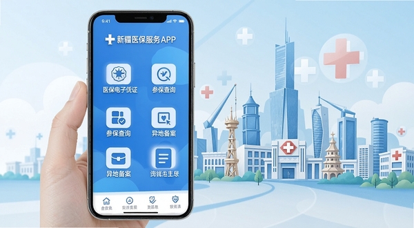 手机屏幕中央展示新疆医保服务APP首页界面,蓝色主色调,页面包含医保电子凭证、参保查询、异地备案等功能图标,背景为新疆城市天际线与医疗十字元素融合的插画风格,整体画面清爽明亮,适配手机应用展示场景