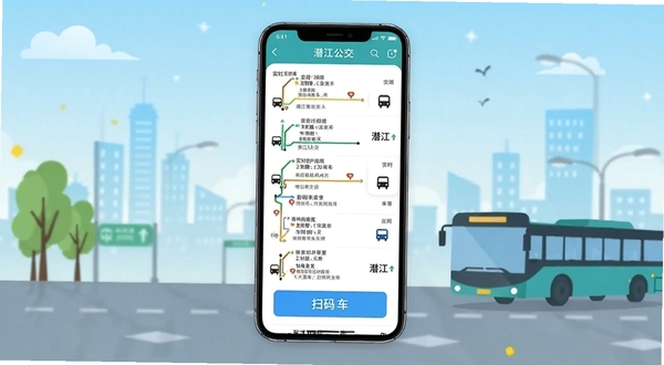 潜江公交手机应用界面展示,画面主体为一部竖屏智能手机,屏幕中显示实时公交线路列表与扫码乘车按钮,背景为潜江城市街道与公交车剪影,整体色调清新明亮,扁平化设计风格,适合软件下载站配图