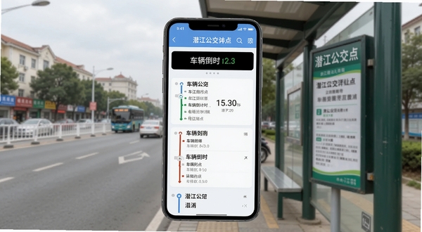 潜江公交站点详情页面展示,手机屏幕显示线路列表与车辆倒计时,背景为潜江街景与公交站牌,界面清晰,色彩柔和
