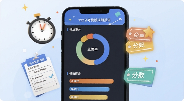 132公考模考成绩报告页面插画,手机屏幕展示环形正确率图表与模块得分条,旁边漂浮计时器、答题卡与分数标签,背景为淡蓝色渐变,风格简洁明快,突出数据复盘与备考分析氛围