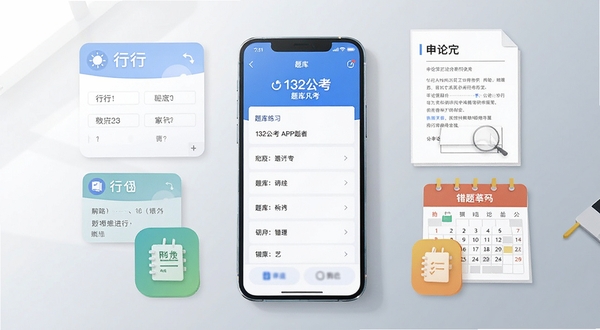 画面中央为一部竖屏智能手机,屏幕显示132公考APP的题库练习界面,界面清爽蓝白色调,手机周围环绕行测题目卡片、申论答题纸、错题本图标与日历计划表等元素,背景为浅灰色渐变书桌场景,左上角柔和自然光,整体风格扁平化插画,突出公考备考主题