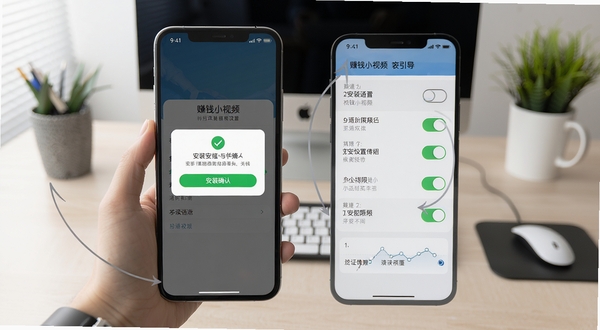 赚钱小视频安装引导与权限设置示意画面,手机屏幕显示安装确认弹窗和权限开关列表,背景为简洁办公桌面,突出操作步骤清晰易懂