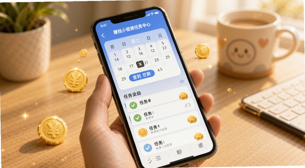 赚钱小视频任务中心页面细节,手机屏幕显示签到日历与任务列表条目,旁边有金币样式图标点缀,背景为柔和暖色调桌面,突出轻量激励氛围