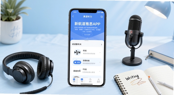 新航道雅思APP官方主界面展示,手机屏幕居中放置,背景为浅蓝色渐变学习场景,画面包含雅思听力耳机、口语麦克风、写作笔记本等元素,整体风格清新专业,突出英语备考氛围