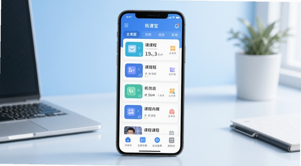 拓课宝应用主界面全貌展示,画面主体位于正中央,手机屏幕呈现清爽的课程列表与功能入口,背景为浅蓝色渐变办公桌面环境,柔和光线,扁平化UI风格,突出软件图标与界面细节
