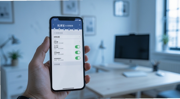 拓课宝安装设置与权限管理操作示意场景,画面主体为手持手机展示权限设置页面,背景为简洁的室内环境,冷色调光线,突出设置选项与开关状态,写实风格