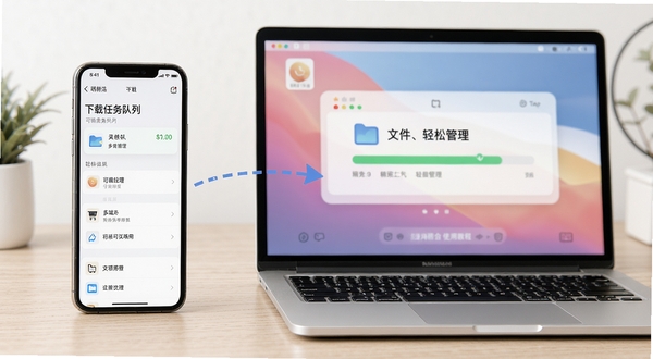 可萌精选使用教程示意图,画面为一部手机和一台笔记本电脑并排摆放,手机屏幕上显示下载任务队列界面,电脑屏幕上显示文件传输进度条,两者之间用一条虚线箭头连接,背景为浅色木纹桌面,整体传达“多端配合、轻松管理”的使用场景