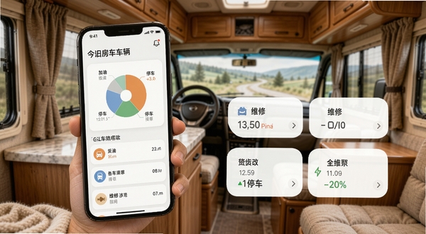 今日房车车辆开销管理页面,手机屏幕展示加油、停车、维修等分类支出饼图与记录列表,背景为房车内部温馨生活场景,浅色系UI,数据卡片圆角设计,整体风格简洁实用