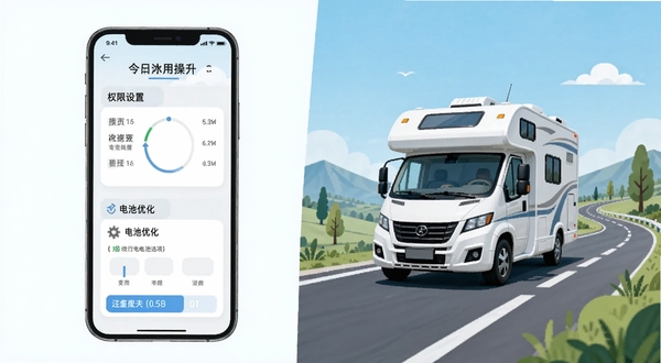今日房车移动端操作指引示意图,手机界面展示权限设置与电池优化选项,画面右侧为房车行驶在公路上的插画元素,整体风格清爽,信息层级分明,用于说明使用注意事项