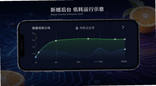 新橘汁后台低耗运行示意,手机屏幕显示电量与内存占用平稳曲线,背景为深色科技感渐变,突出稳定省电的特点