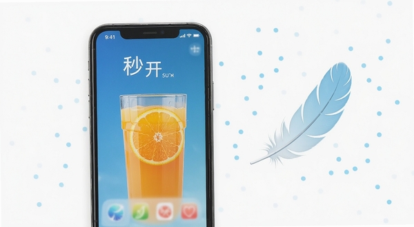新橘汁应用启动速度与轻量特性展示,手机屏幕显示应用秒开画面,旁边配以羽毛或轻量符号元素,背景为简洁纯色,突出轻快流畅的视觉感受