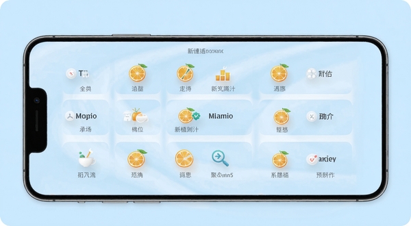 新橘汁功能聚合界面展示,手机屏幕内多个功能模块整齐排列,图标风格统一,背景为柔和浅蓝色调,体现整合与秩序感