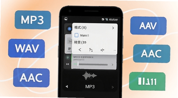 语音音频导出软件功能展示图,画面中一部安卓手机正在将语音文件转换为MP3格式,屏幕上方显示格式选择菜单,周围环绕着MP3、WAV、AAC等格式标签,背景为柔和的橙白色调,突出转换功能,适配Boogu模型生成