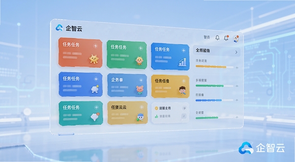 企智云任务看板功能示意,画面主体为悬浮在空中的半透明看板面板,面板上分布着彩色任务卡片与进度条,背景为浅蓝色渐变科技感空间,画面右下角有企智云品牌标识,整体风格清爽现代