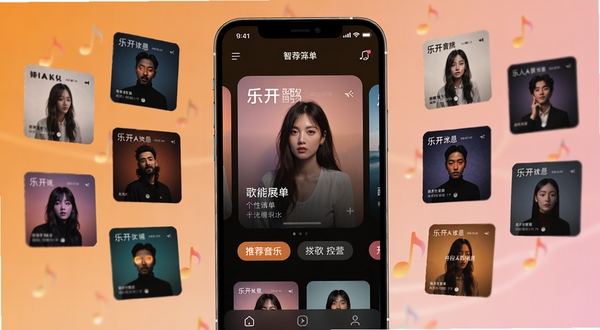 乐开音乐智能推荐功能展示,画面中心为手机界面上的个性化歌单卡片与推荐标签,左右两侧漂浮着不同风格的音乐专辑封面缩略图,背景采用暖橙色到浅粉色的渐变,光线柔和,体现智能推荐带来的便捷感
