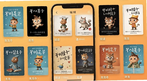 泡泡阅读手机端书架界面展示,整齐排列的电子书封面网格,暖色调背景,简洁清爽的阅读软件UI设计,高清细节