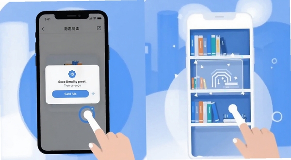 泡泡阅读使用教程示意图,手机屏幕显示权限授权弹窗与书架扫描进度,扁平化插画风格,蓝白配色,清晰展示操作步骤