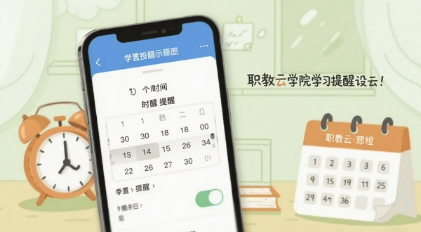 职教云学院学习提醒设置界面示意图,画面中手机屏幕显示时间选择器与提醒开关按钮,背景为淡绿色学习场景插画,包含闹钟与日历元素,风格温馨实用