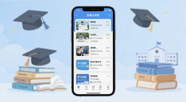 职教云学院APP首页界面展示,画面中央为手机屏幕内呈现课程列表与学习进度卡片,背景为浅蓝色渐变的教育场景插画,包含书本、学士帽等元素,整体风格清新简洁,适配Boogu模型生成