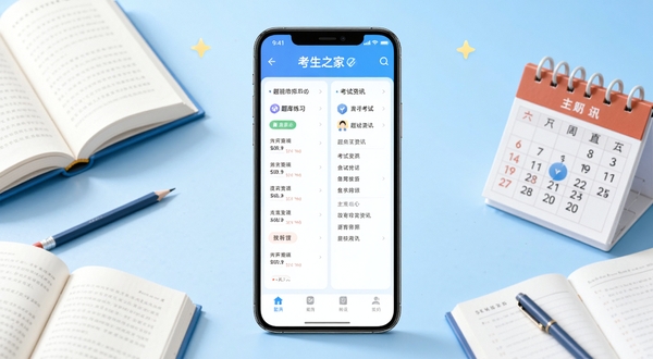 考生之家应用主界面全景展示,画面中央为手机屏幕特写,屏幕内呈现题库练习与考试资讯双栏布局,背景为浅蓝色渐变学习场景,四周点缀书本、铅笔、日历等备考元素,整体风格清新明亮,适配教育类软件宣传图